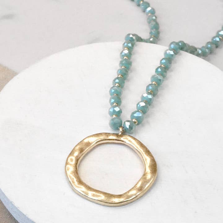 PennyLine inc - Wholesale Pendant/Charm Necklace - Beaded Necklace with Gold Tone Circle Pendant Aqua