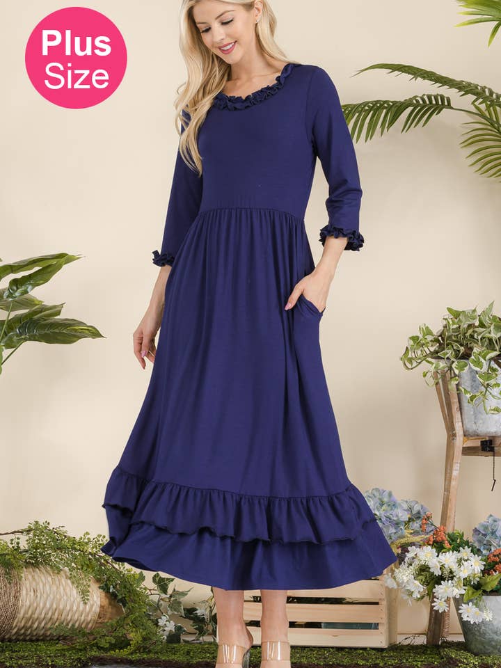 Celeste Clothing - Wholesale Dress - Women's - PLUS SIZE DRESS WITH RUFFLE SLEEVES AND HEMLINE -CD43855