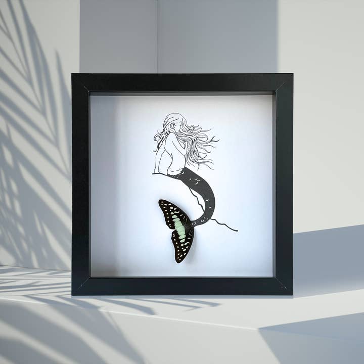 Isms - Wholesale Art Print - Mermaid on Rock Framed Art with Real Butterfly Wings4