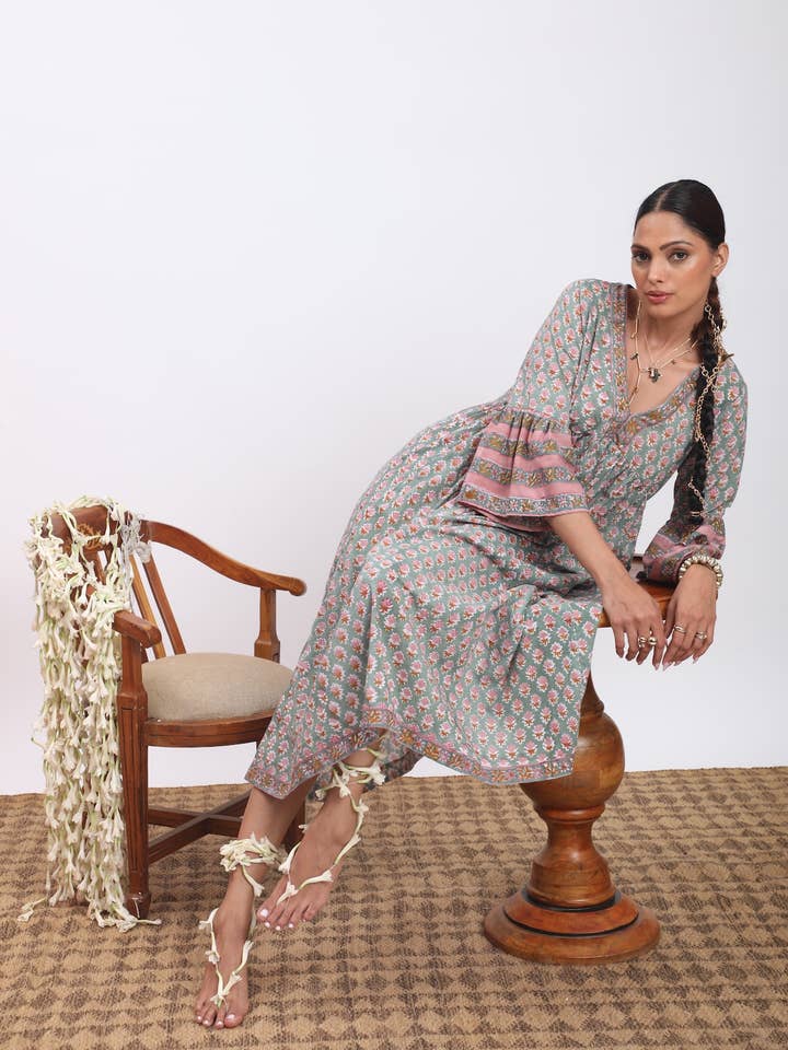 Block Printed Bell Sleeve Dress (Bhavani-Laurel Green) for wholesale by The Fox and The Mermaid