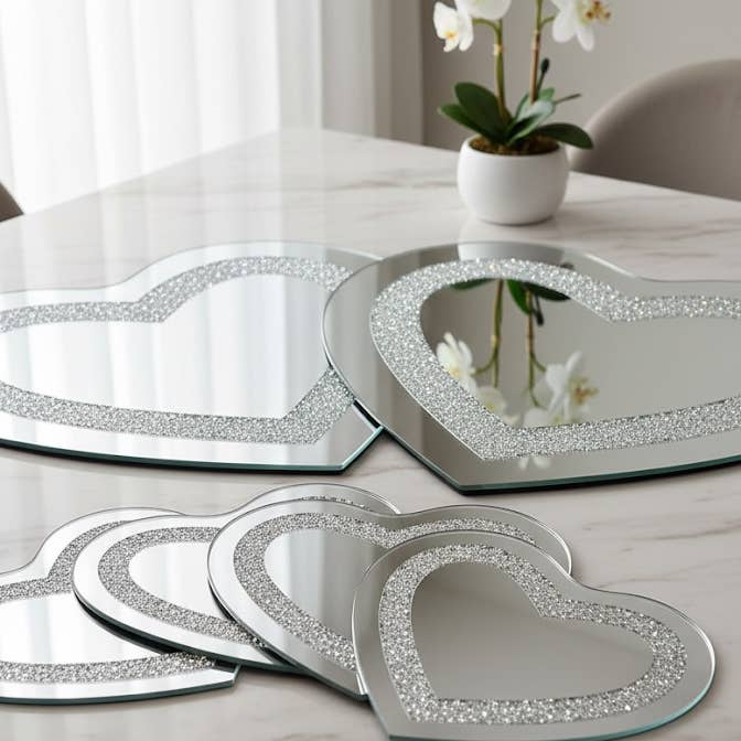 Heart-Shaped Crushed Crystal Border Glass Placemats/Coasters for wholesale by DEENZ