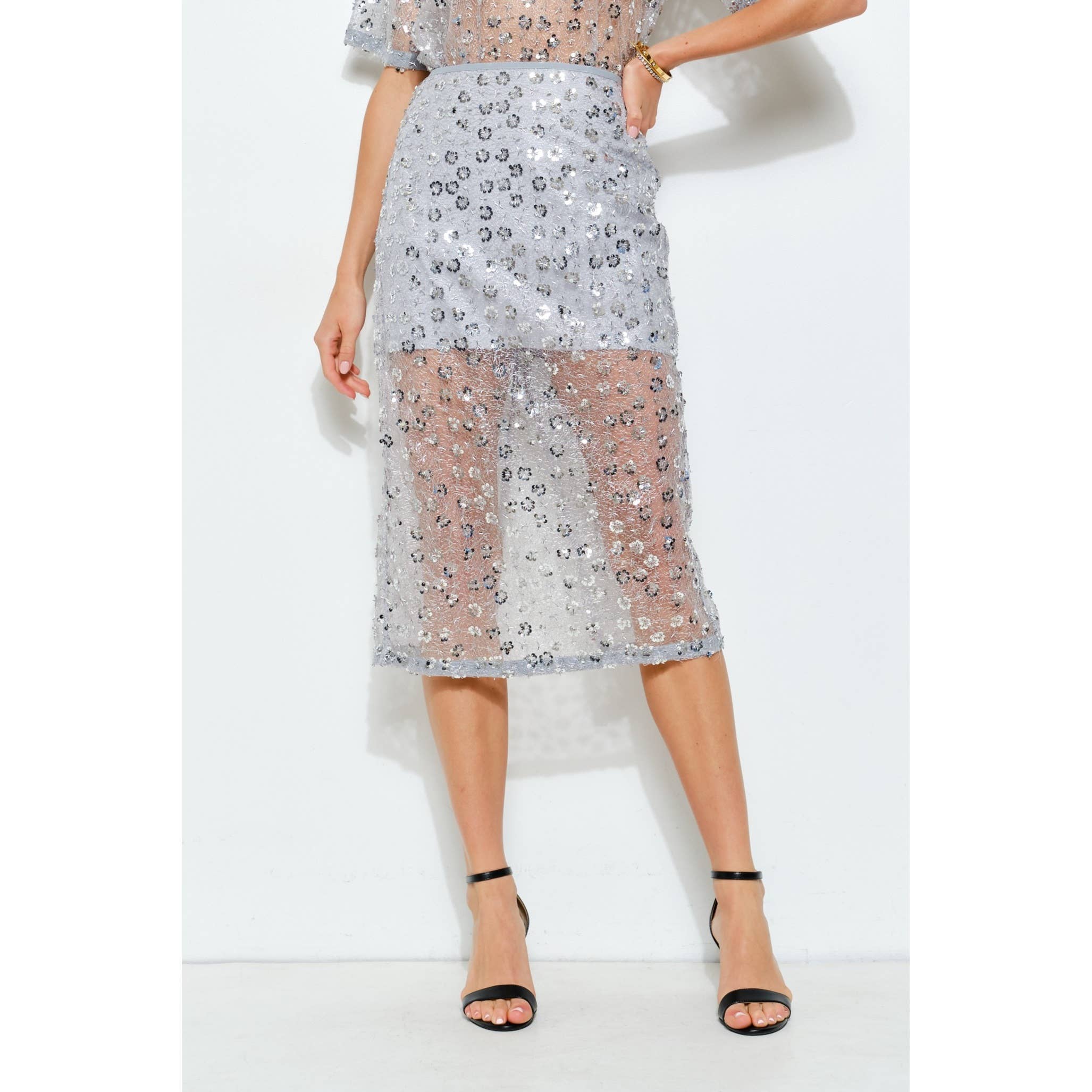 INA - Wholesale Skirt - Women's - Floral Sequin Embroidered Mesh Midi Skirt7