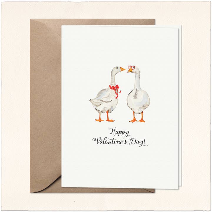 Coquette Goose Valentine's Day Card | Watercolor Geese Card for wholesale by Gina Maher | Watercolor