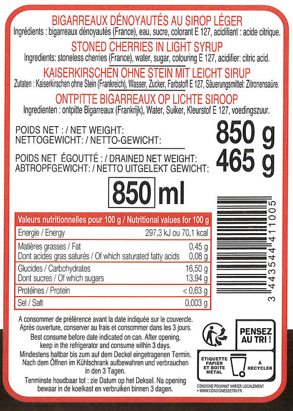 CONSERVES GUINTRAND – Conservas de fruta por atacado – Cerejas descaroçadas em calda P. Guintrand lata 4/41
