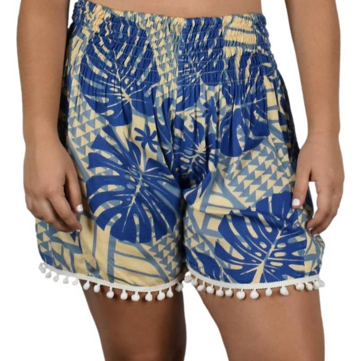 Beach Babe Shorts Juniors XL Blue and Beige Monstera for wholesale by Island Style Clothing Co by Akamai Distribution Ltd