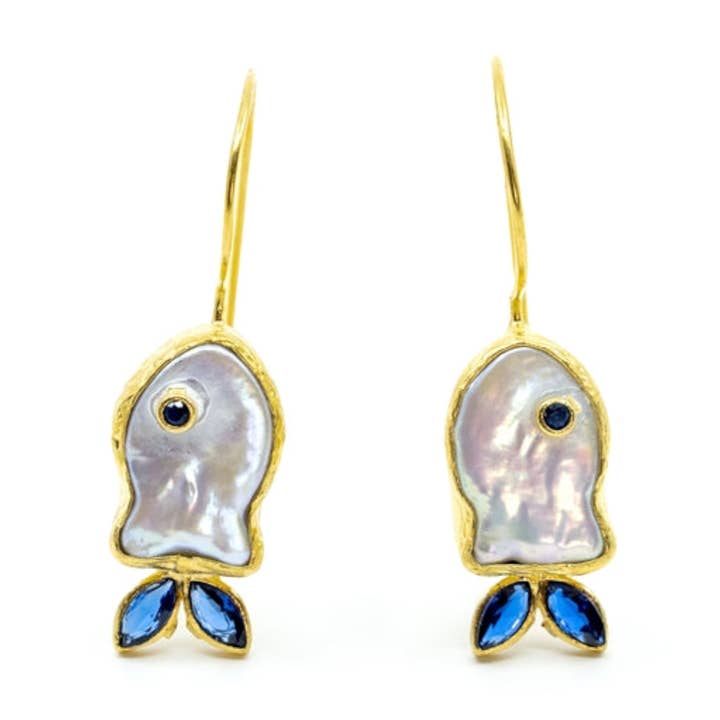 Pearl with Blue CZ Handmade Gold Earrings for wholesale by ZEYZEY