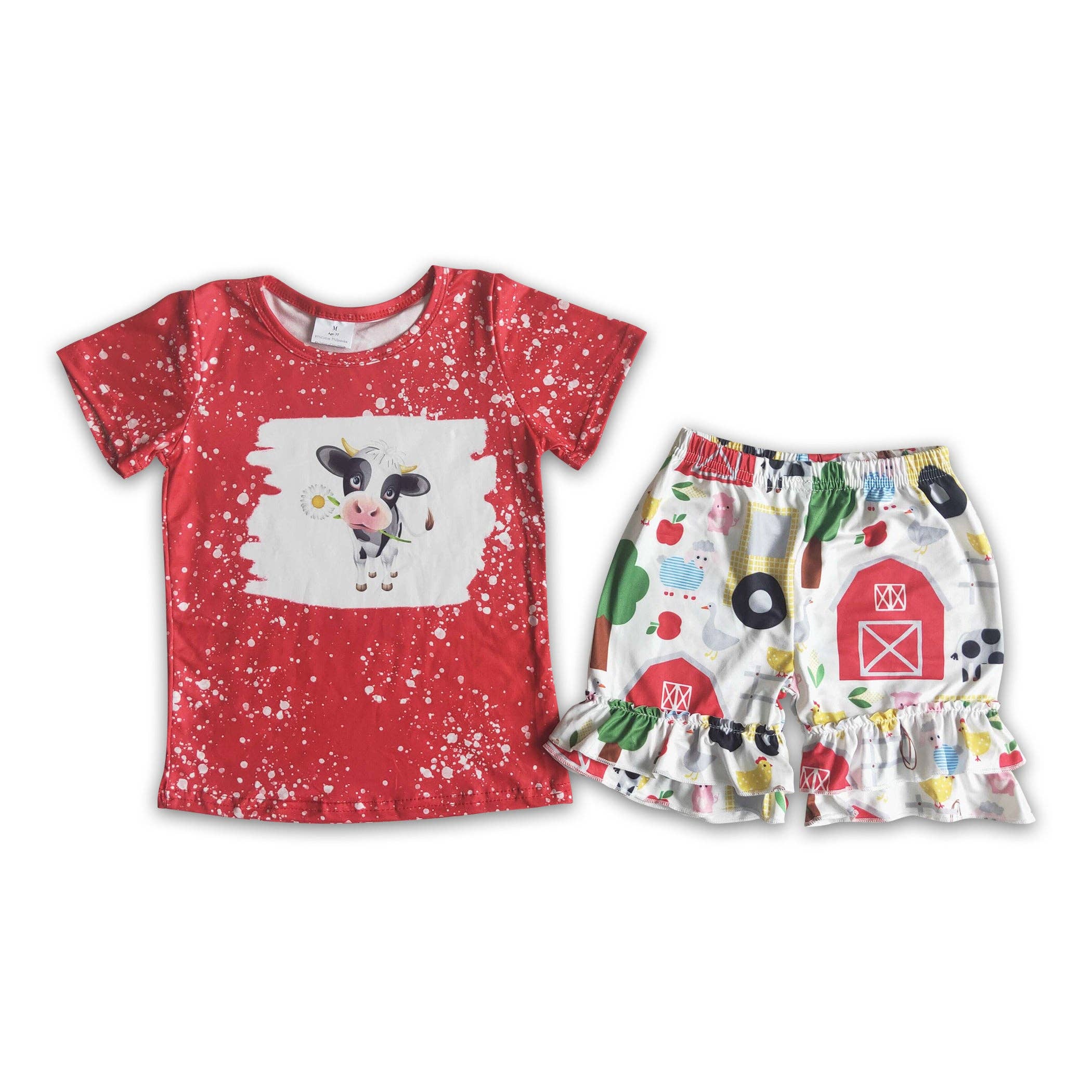 Yawoo Garments - Wholesale Top & Short Set - Kids - Cow print bleached shirt farm shorts girls clothing0
