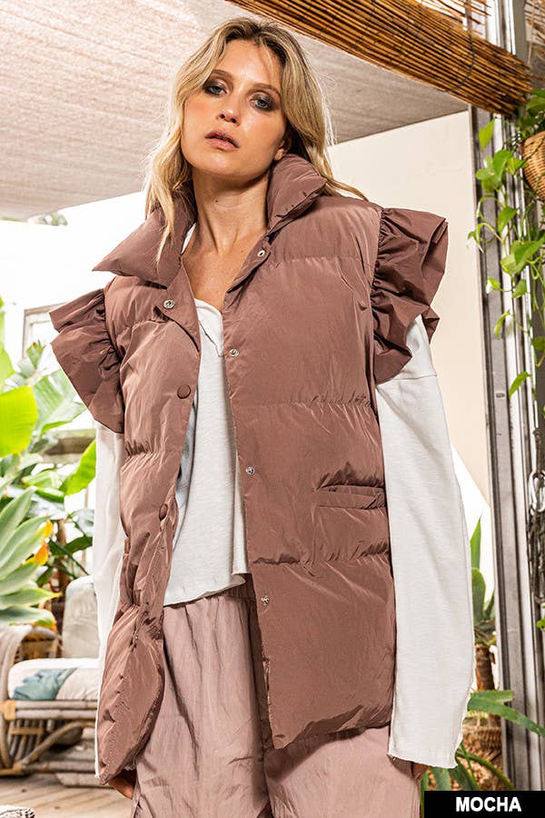 BUCKETLIST INC - Wholesale Outerwear Vest - Women's - IT1813 Ruffle Sleeve Down Vest1