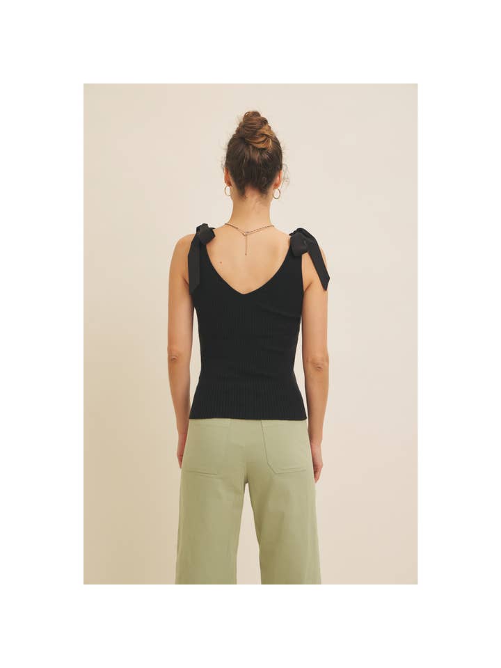 in february - Wholesale Knit Sweater - Women's - MIXED MEDIA SHOULDER TIE STRETCHY RIB SWEATER TOP