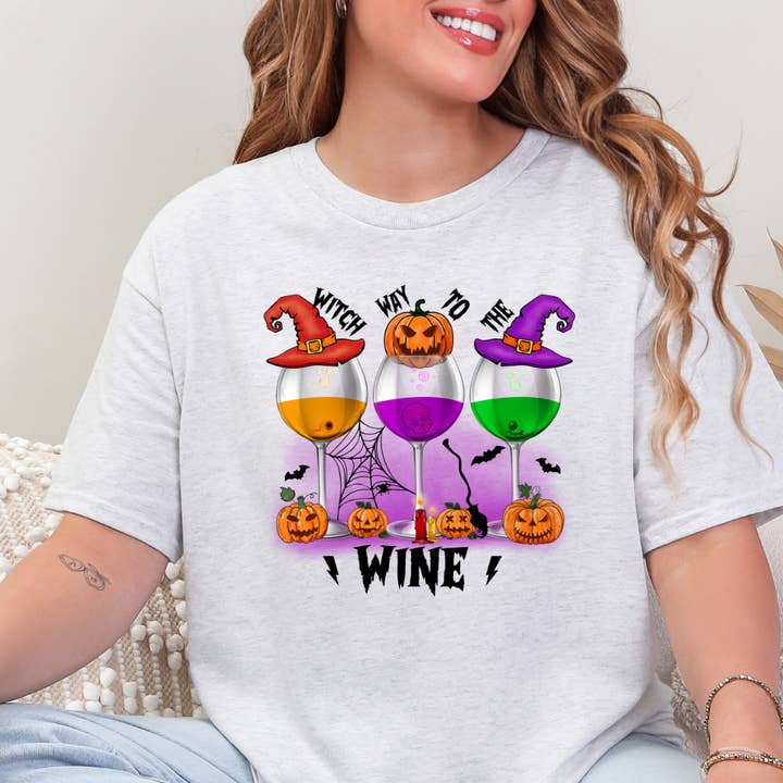 Witch Way To The Wine Halloween Tee for wholesale by Happy Mail Wholesale