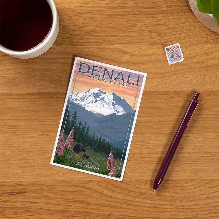 Lantern Press - Wholesale Postcard - PREMIUM POSTCARDS Denali National Park, Alaska Bear &Flowers