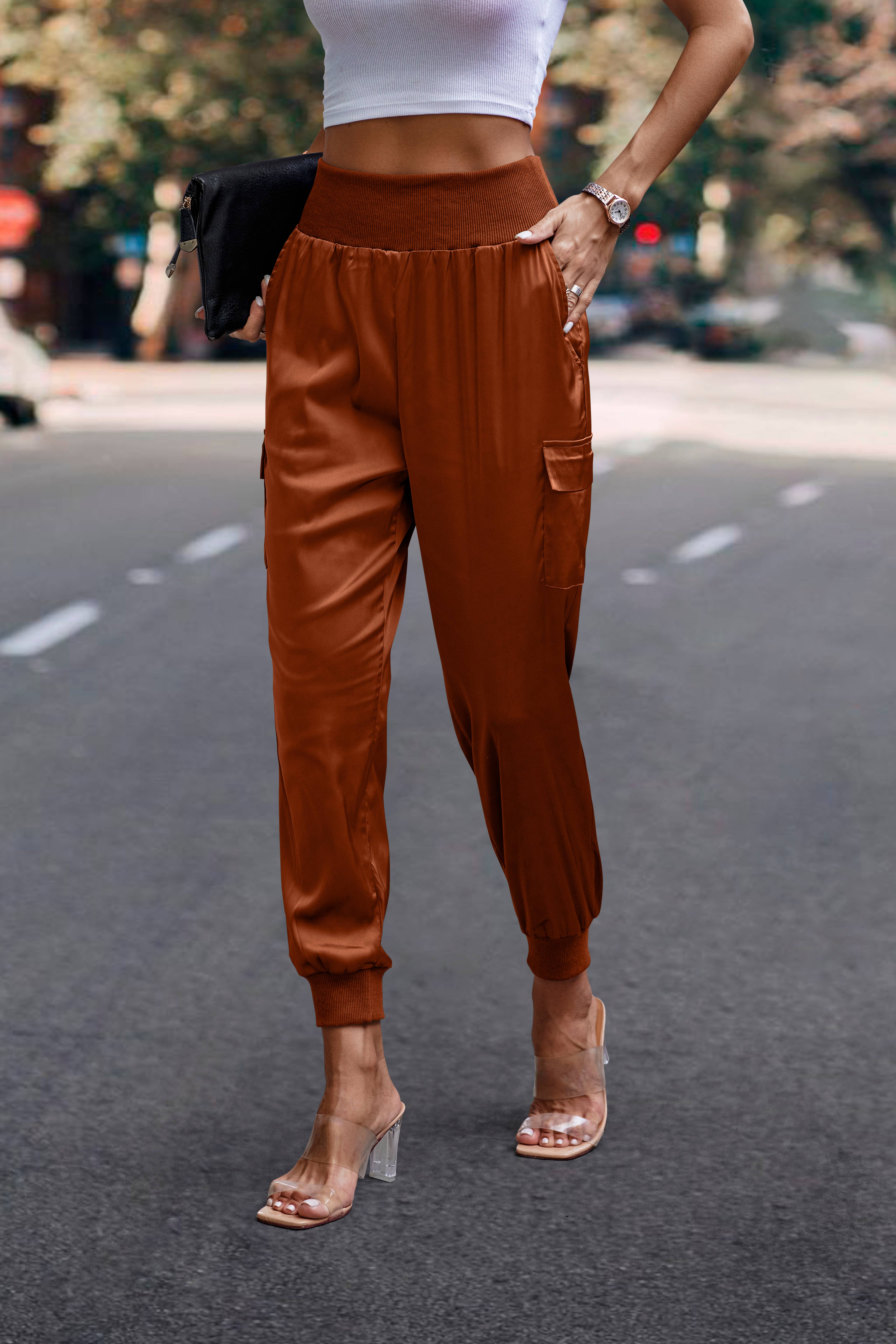 eLook - Wholesale Lounge Sweatpants/Joggers - Women's - SZ1-P0012 Satin Cargo Jogger with Ribbed Waist4