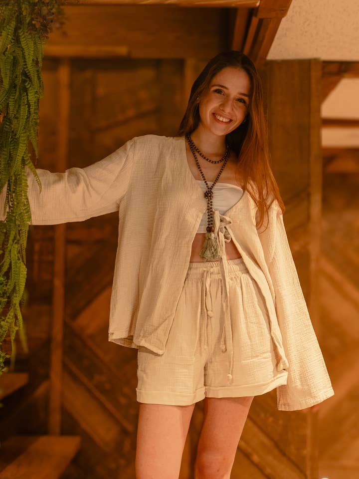 Moa - Venta al por mayor Conjunto de ropa cómoda - Mujer - Conjunto de ropa de salón de algodón arrugado con top y pantalones cortos verdes6