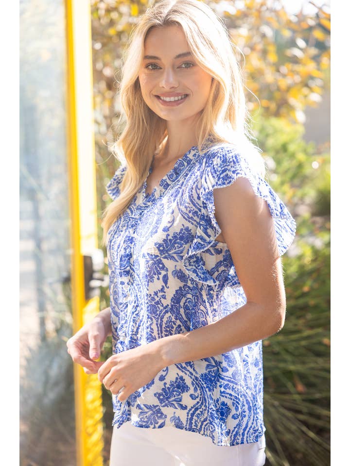 Blue 35224 Pleated Sleeve Paisley Print Button Up Top for wholesale on Faire