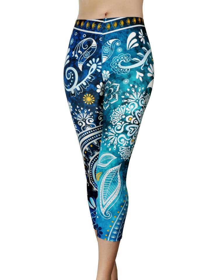 Casual Yoga Capris "Aquamarine" Print, Midrise, Lightweight for wholesale by Comfy Yoga