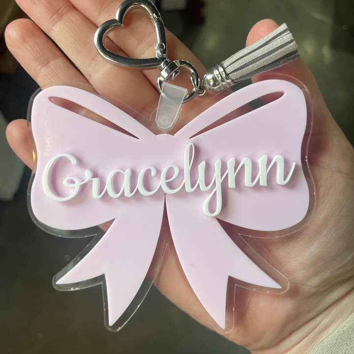 Acrylic Bow Keychain for wholesale by Oak And Iron Engraving