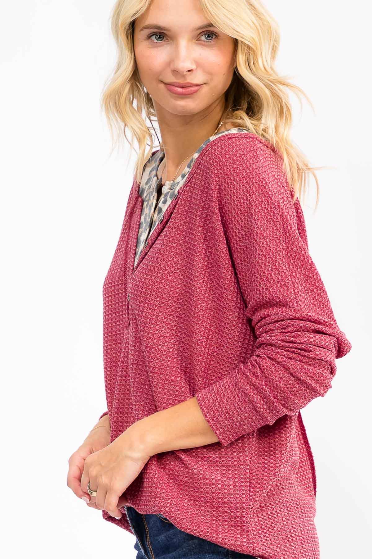 7th Ray - Wholesale Knit Top - Women's - Leopard Print Double layered Henley Top T60782