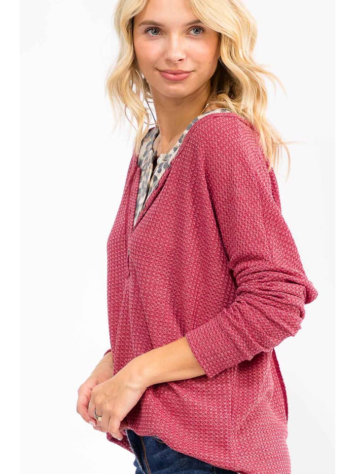 7th Ray - Wholesale Knit Top - Women's - Leopard Print Double layered Henley Top T60782