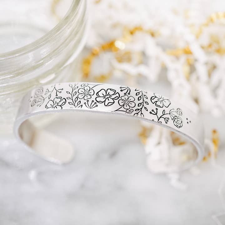 Katy Ryan Designs - Wholesale Cuff Bracelet - Floral Ivy + Cosmos Hand Stamped Cuff Bracelet0