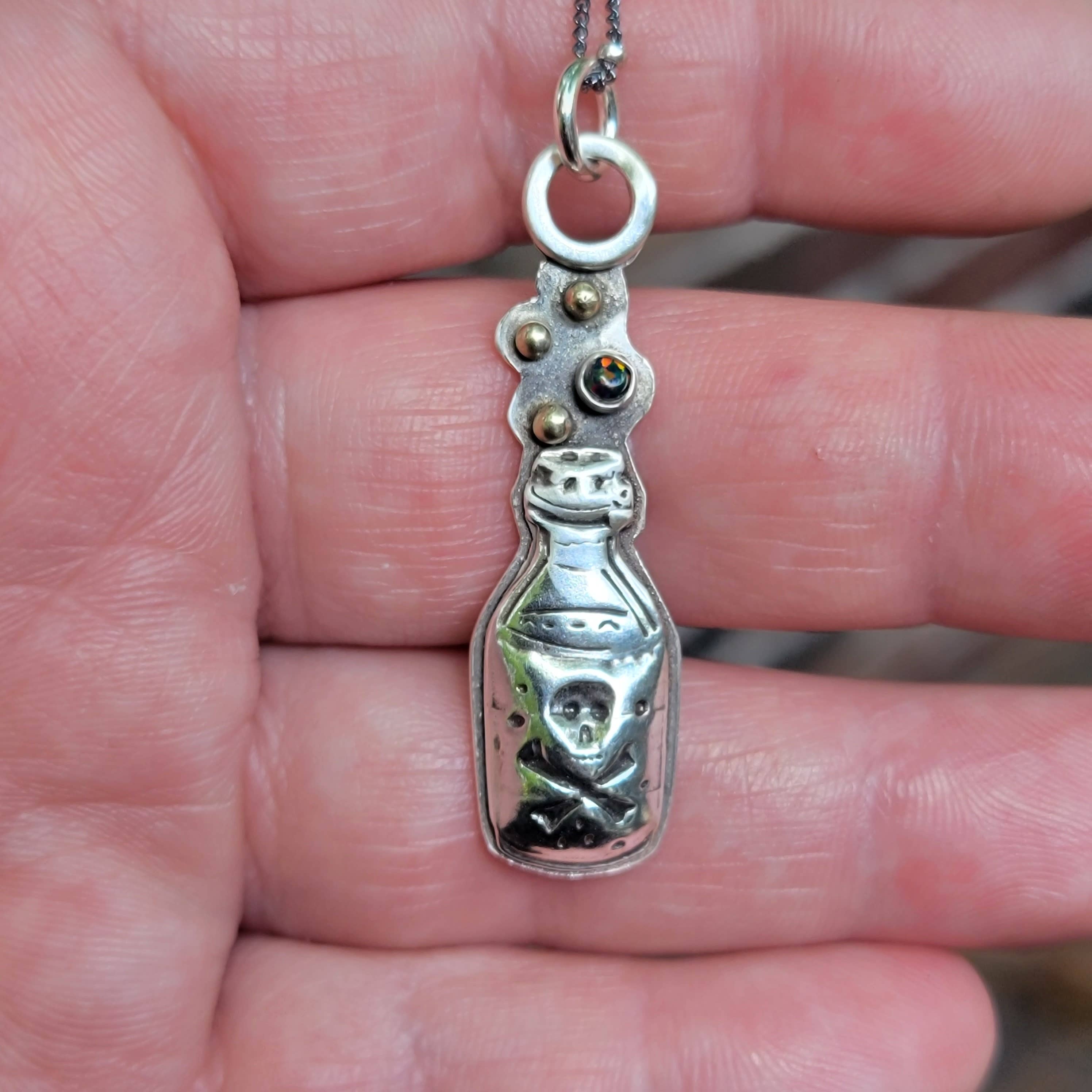 Verdilune - Wholesale Pendant/Charm Necklace - Poison Potion Bottle Pendant in Ster. Silver with Black Opal3