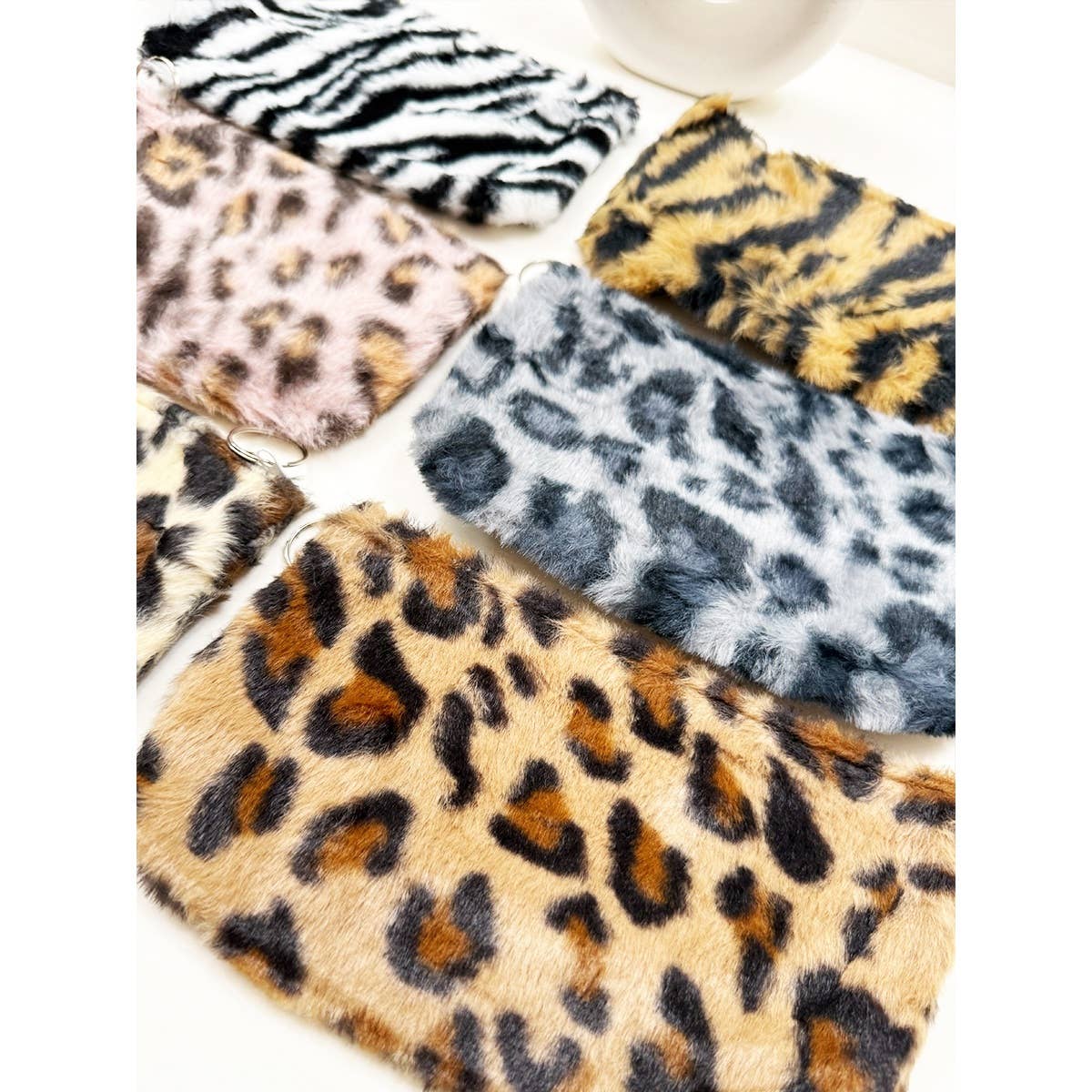 MIX COLOR Faux Fur Leopard Design Coin Purse with Key Ring for wholesale on Faire7