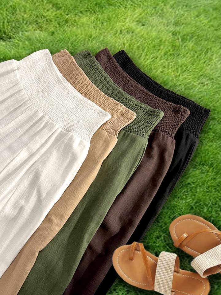 Vine & Love - Wholesale Pants - Women's - High-Rise Waist Smocked Band Pin-Tuck Detail Pants VP81196