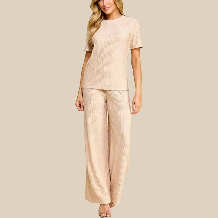 Crinkle Short Sleeve Top & Bottom Set-BEIGE for wholesale by WILD LILAC