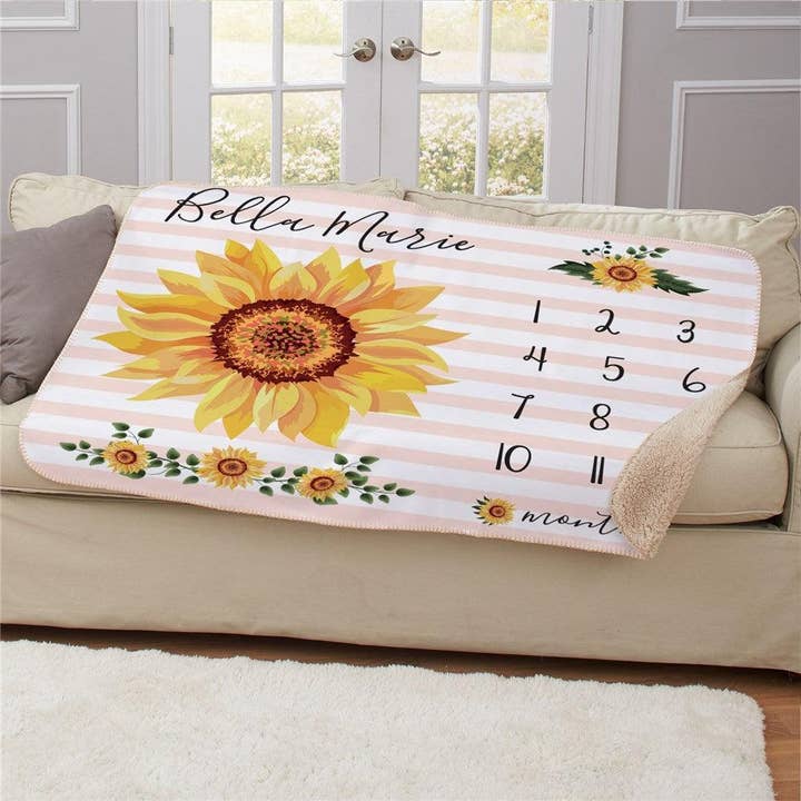 Personalized Sunflower Baby Monthly Milestone 50x60 Sherpa Blanket for wholesale by Sunny Jar Personalized