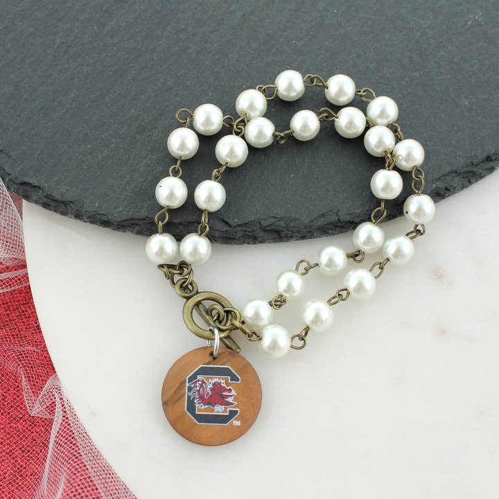 South Carolina Logo Pearl & Wood Disc Toggle Bracelet for wholesale by Seasons Jewelry