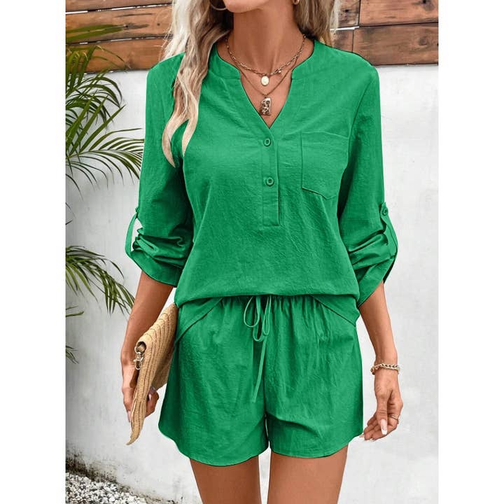 BUTTON HALF WAY DOWN TOP AND SHORTS SET for wholesale by Mapcie