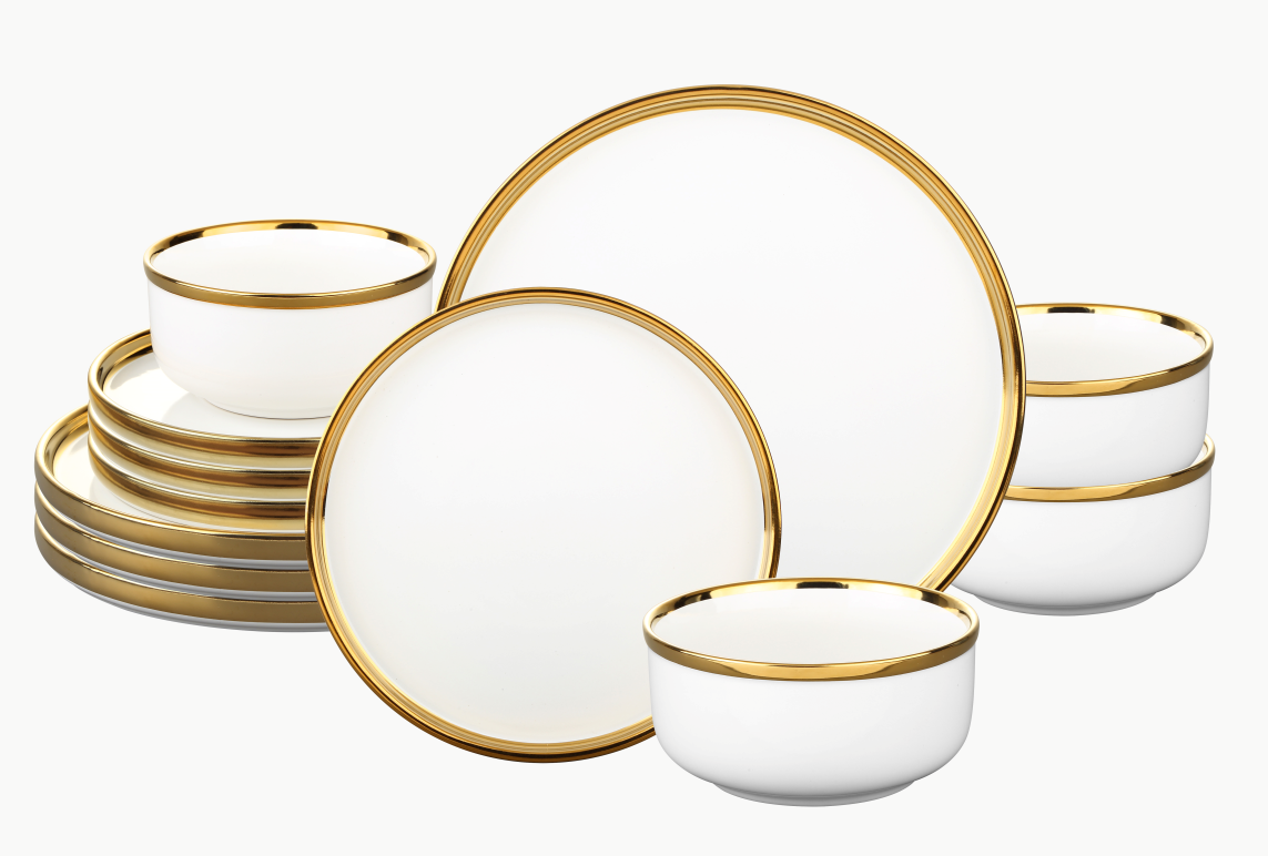 Godinger - Wholesale Dinnerware Set - Hillcrest 12 Piece Gold Rim Dinnerware Set, Service For 41