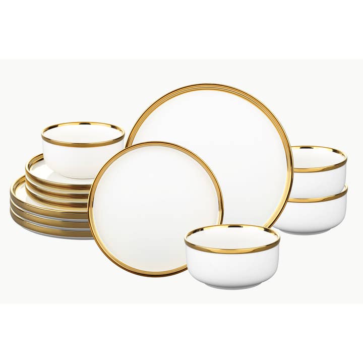 Godinger - Wholesale Dinnerware Set - Hillcrest 12 Piece Gold Rim Dinnerware Set, Service For 41