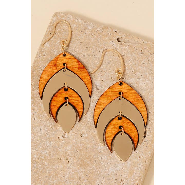 Anarchy Street - Wholesale Dangle Earrings - Wood And Metallic Leaf Dangle Hook Earrings