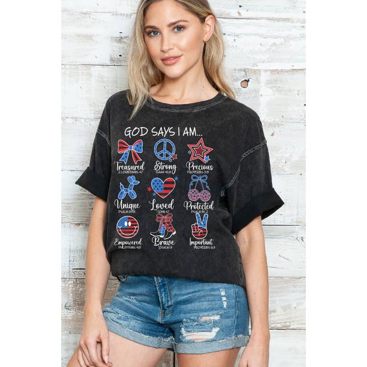 CHARCOAL GREY God Says I am oversize Mineral Wash T Shirt for wholesale on Faire