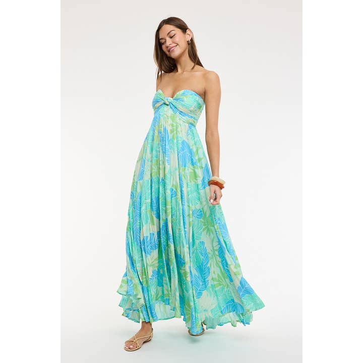 Robe longue à volants accordéon à motif tropical pour la vente par Sky to Moon