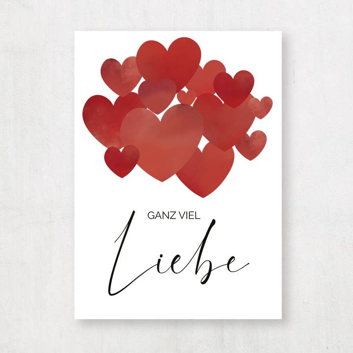 Ansichtkaart rode harten „veel liefde” voor wholesale door Emma Plitt Design