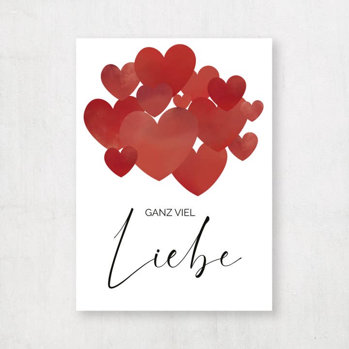 Postkarte rote Herzen "ganz viel Liebe" für den Großhandel von Emma Plitt Design