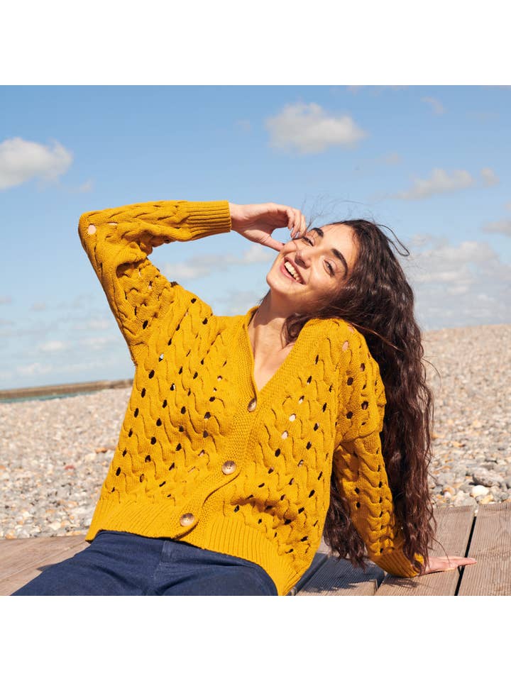 GiGi Knitwear - Wholesale Cardigan - Women's - Open Cable Cotton Cardigan in Mustard
