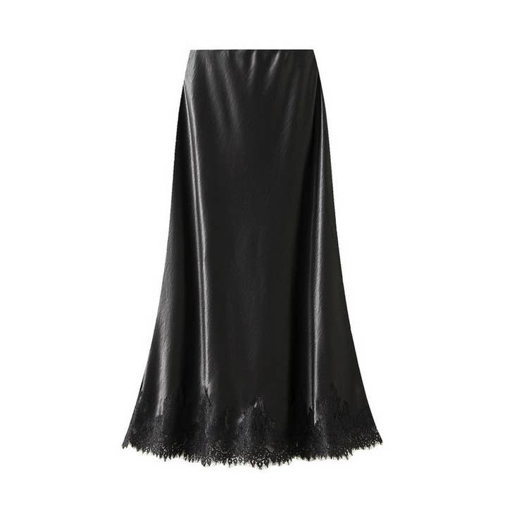 ACCITY - Wholesale Skirt - Women's - Lace-Trimmed Satin A-Line Midi Skirt with Draping_CWBMS0327