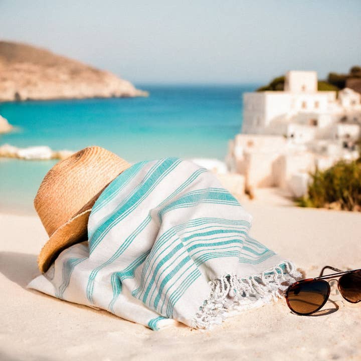 Handgewebtes Baumwoll-Bade- und Strandtuch „Turquoise“ für den Großhandel von Storie