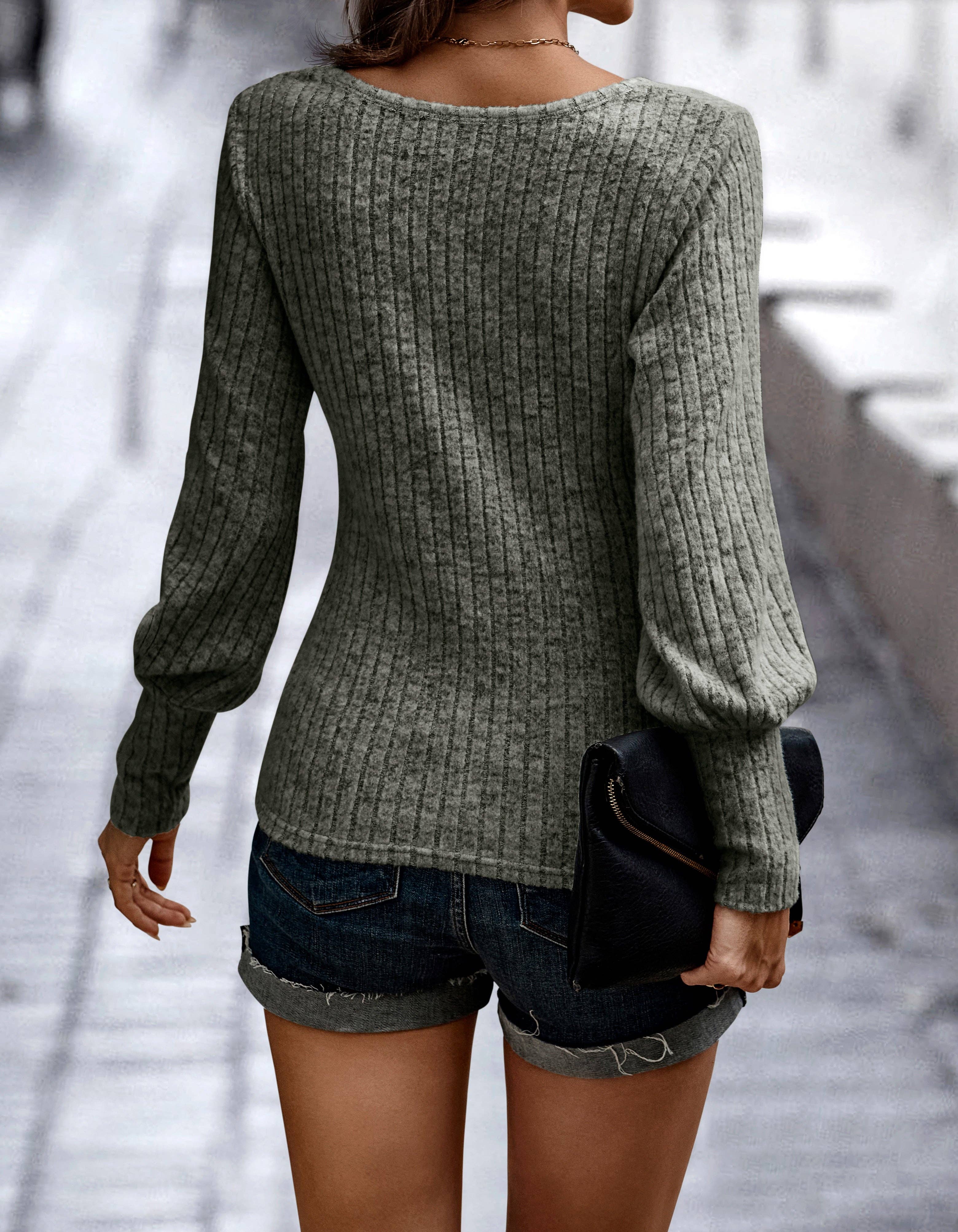 eLook - Wholesale Knit Top - Women's - SZ1-TP2109 Soft Ribbed Knit Bishop Sleeve Top22