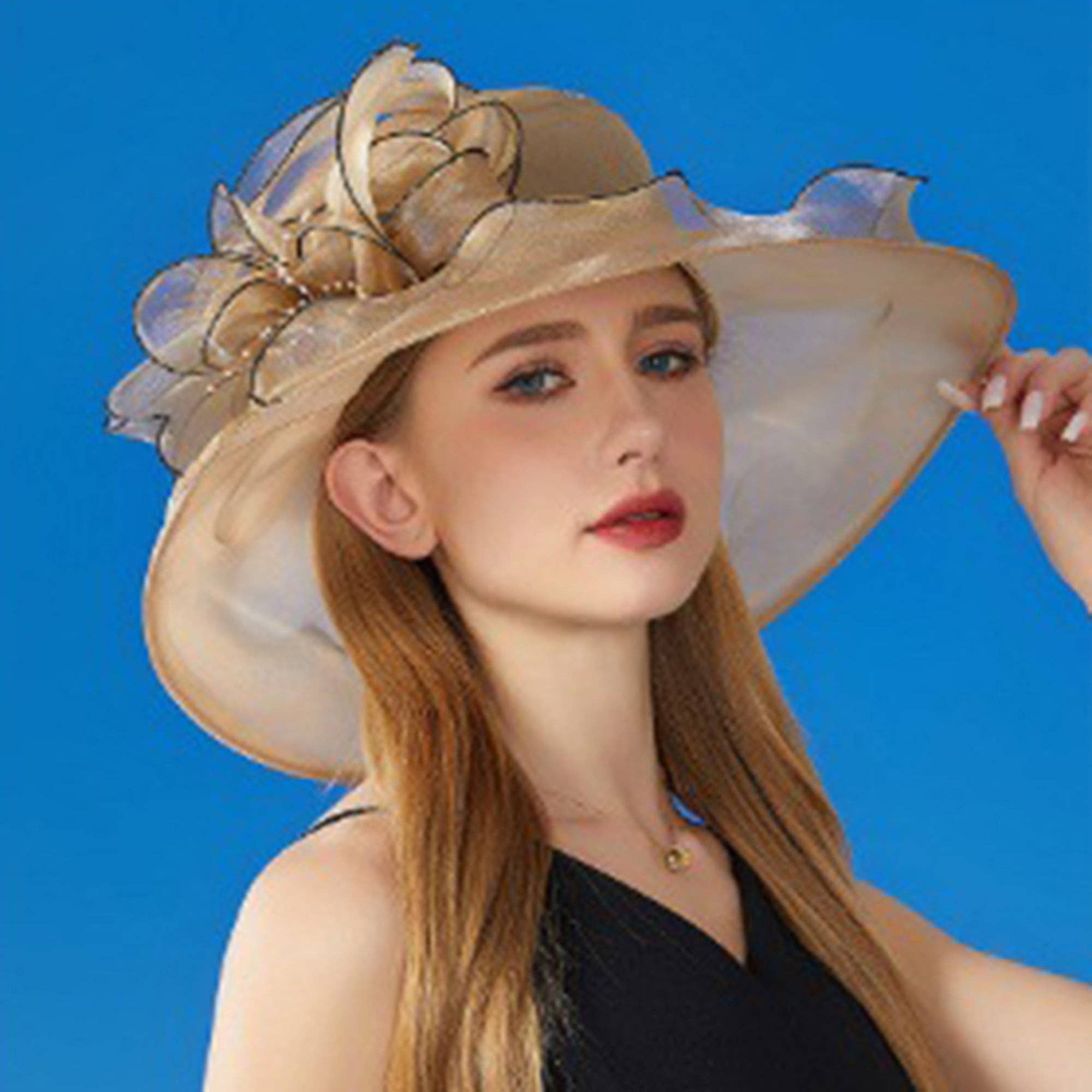 AK Brand - Wholesale Fascinator Hat - Women's - Wide Brim Organza Dress Hat with Sheer Ribbon Floral Design23