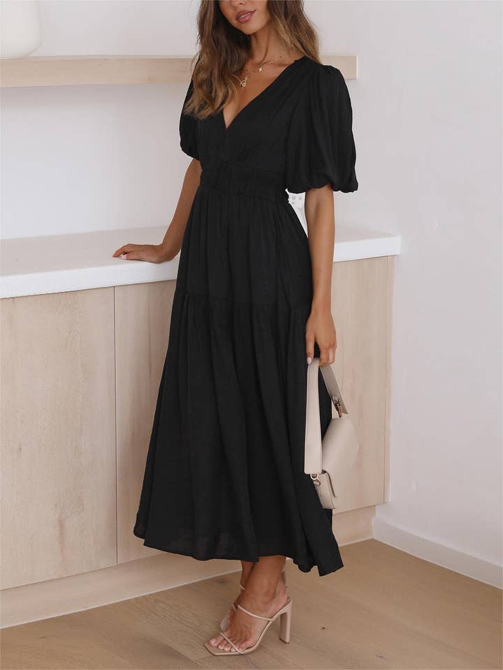 HIDDENBRAND - Wholesale Dress - Women's - V neck puff sleeves maxi dress1