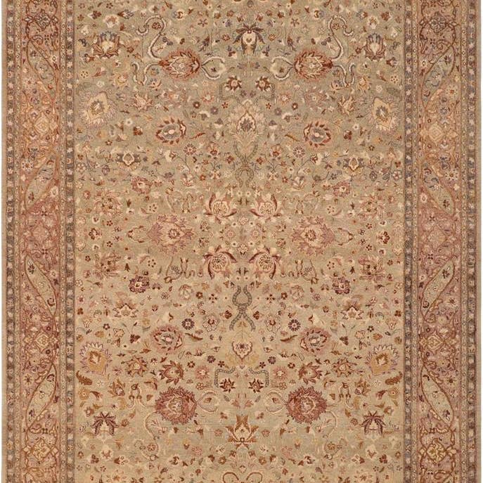 Antique Kashan Monica Green/Tan Wool Rug - 6'1'' x 9'5'' for wholesale by Arshs Fine Rugs