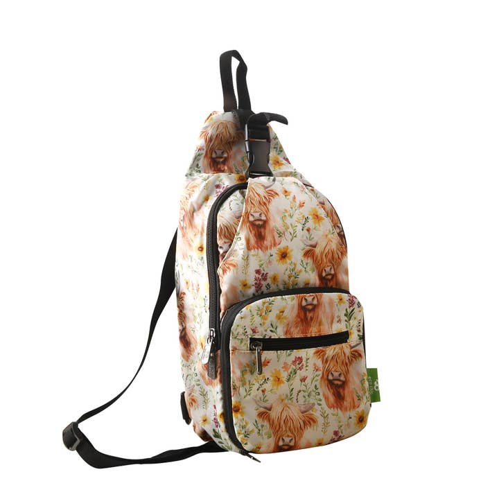 I116BG - Bolso Bandolera Plegable Ligero Eco Chic Floral Vaca de las Tierras Altas Beige (Paquete de 2) para venta al por mayor de Eco Chic