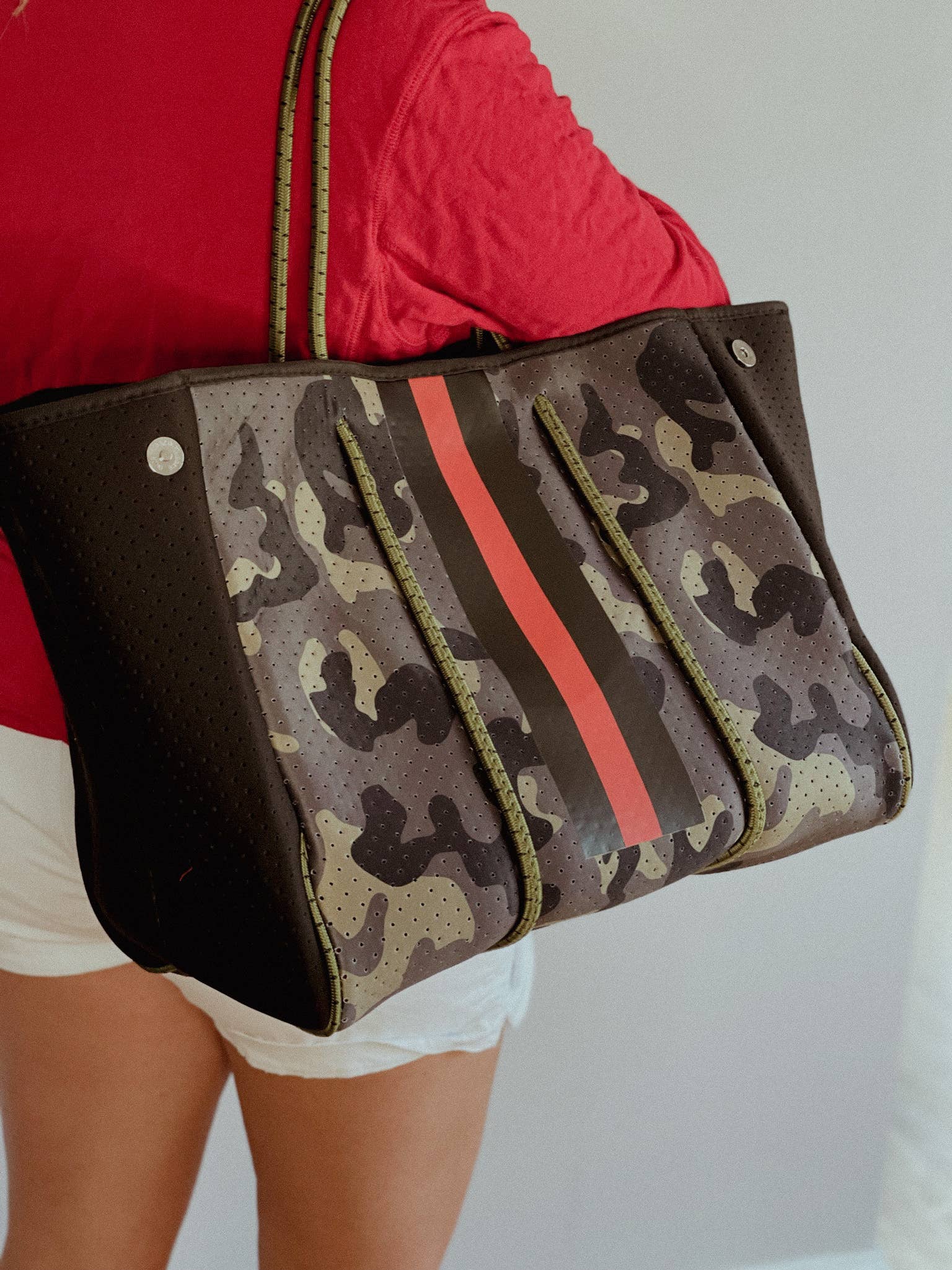 Babs + Birdie - Wholesale Tote Bag - Women's - The Aniella Neoprene Tote - Green Camo with Red Racer Stripe1