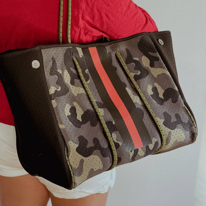 Babs + Birdie - Wholesale Tote Bag - Women's - The Aniella Neoprene Tote - Green Camo with Red Racer Stripe1