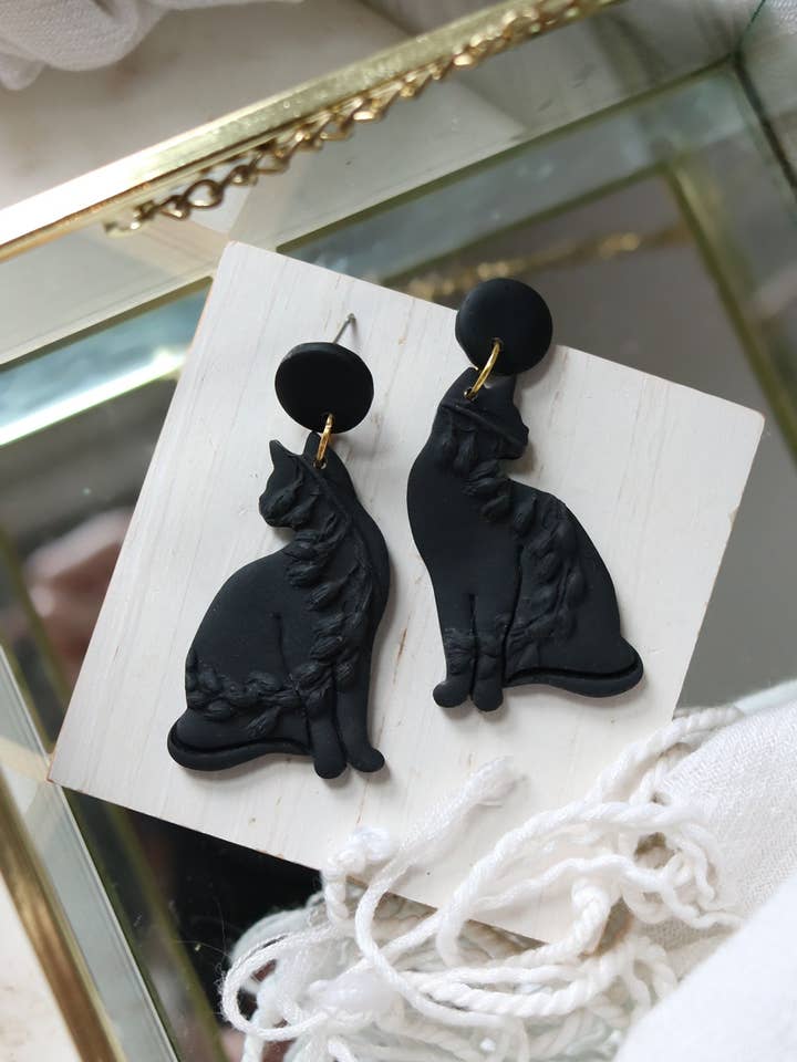 Black Floral Cat Polymer Clay Earrings for wholesale by Petal & Posy