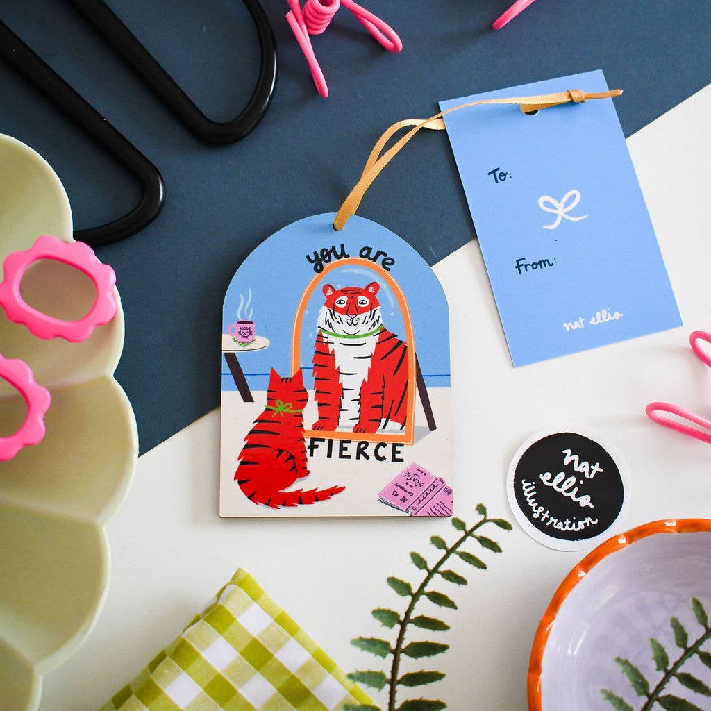 Nat Ellis Illustration – wholesale Ornament – You Are Fierce Cat Wooden Hanging Ornament 0