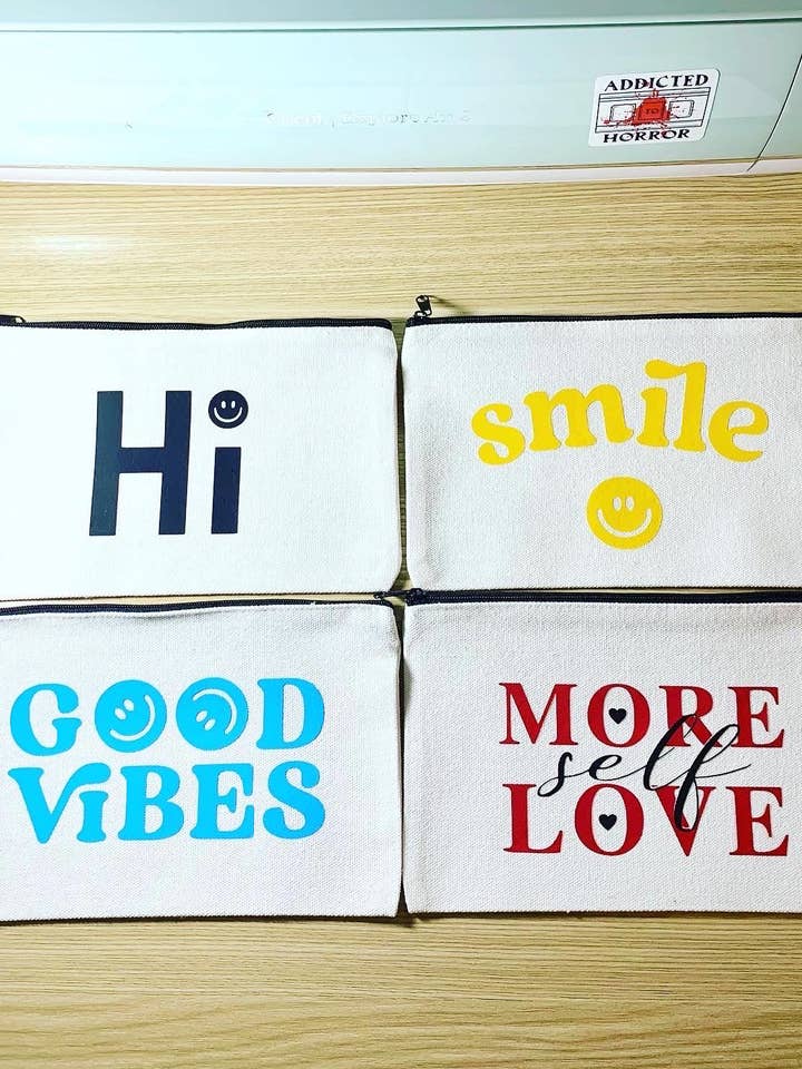 Spring Pouches / Good vibes / Hi / Smiley face / positivity for wholesale by Christina iDesigns
